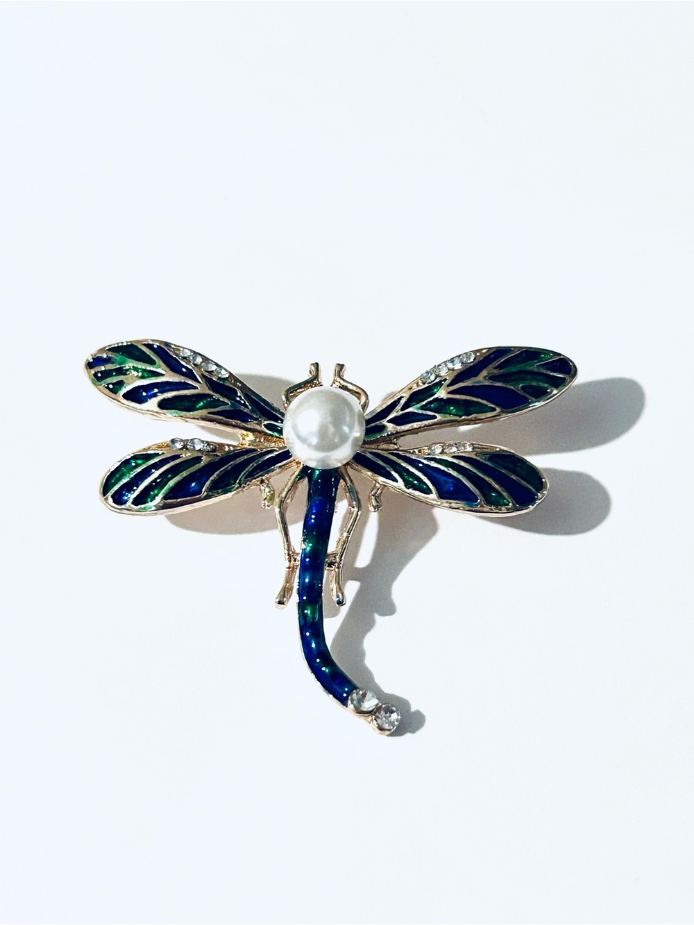 Gold-Tone Dragonfly Brooch with Blue & Green Enamel and Pearl Accent